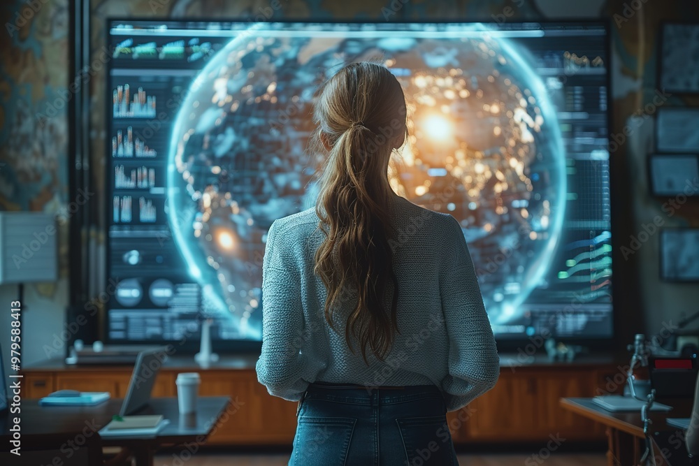 Poster a woman stands in front of a large monitor displaying a map of the world