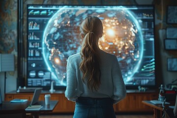 A woman stands in front of a large monitor displaying a map of the world