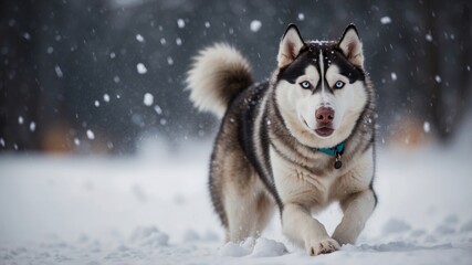 Naklejka premium Huskies pulling sled across snowy winter landscape