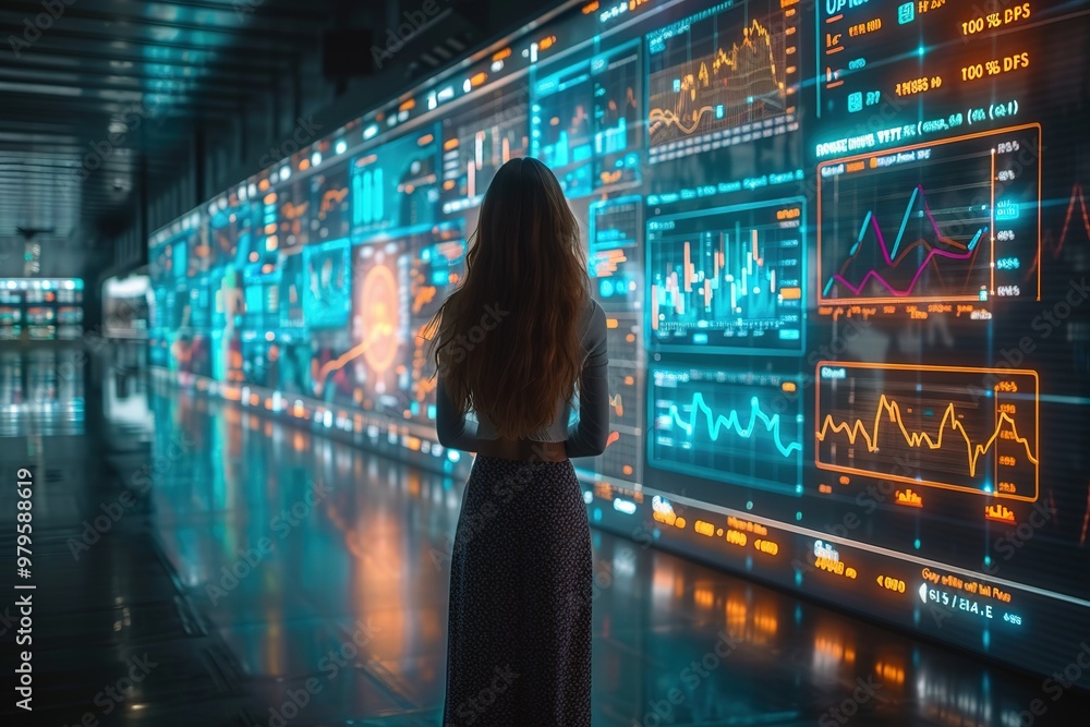 Poster a woman stands in front of a large display of numbers and graphs