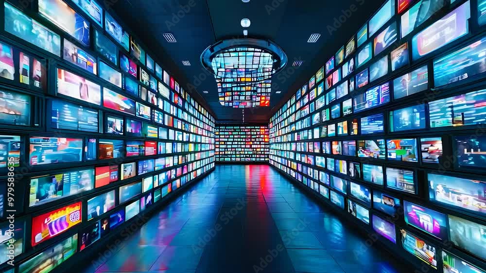 Poster futuristic hall of screens displaying multiple digital feeds and visuals, depicting technology and m