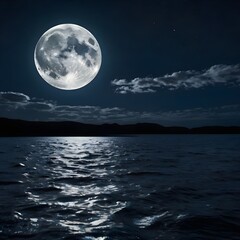 A monumental, gleaming full moon, with every crater and texture meticulously rendered, hangs low in a serene night sky