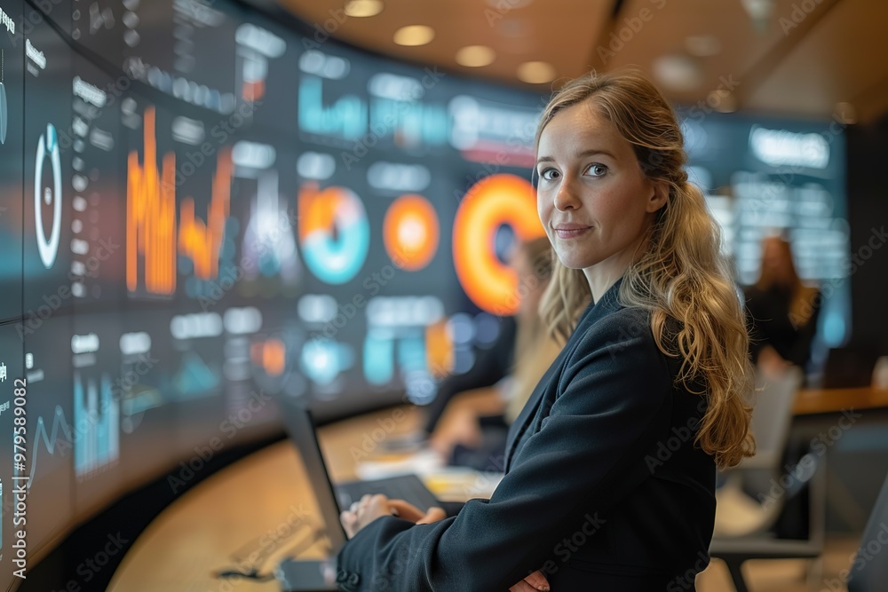 Poster a woman is standing in front of a large monitor displaying various graphs