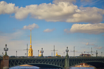 Fototapeta premium Scenic view of Peter and Paul fortress over the blue sky in Saint-Petersburg, Russia.