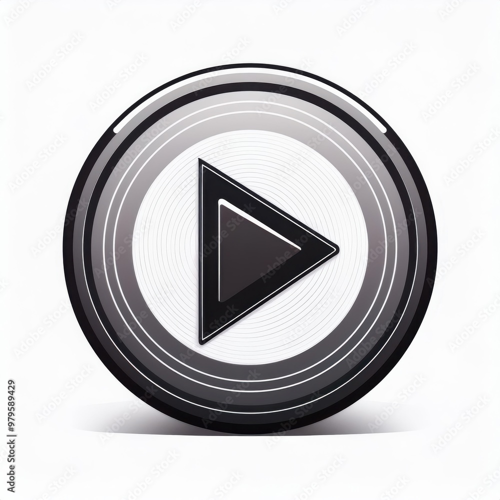 Poster monochromatic play button icon with concentric circular lines, minimalist design symbolizing media p
