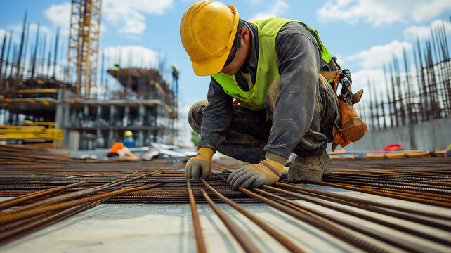 Construction Worker Arranging Rebar on Site