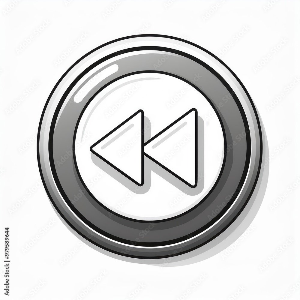 Poster Minimalist Black and White Rewind Button Icon in Circular Design with Drop Shadow on Clean White Background Vector Logo Icon Png