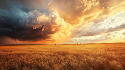  Storm clouds over golden wheat field during sunset