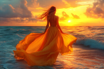 Woman in a yellow dress standing on a beach at sunset.