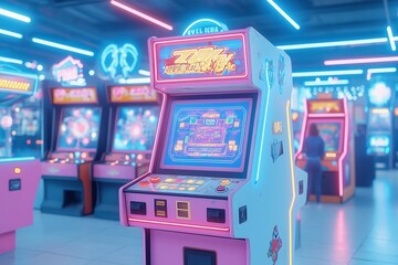 Naklejka premium Neon Glow Retro Arcade: A vibrant blast from the past, this image captures the electric atmosphere of a classic arcade, bathed in the glow of neon lights and pixelated screens. 