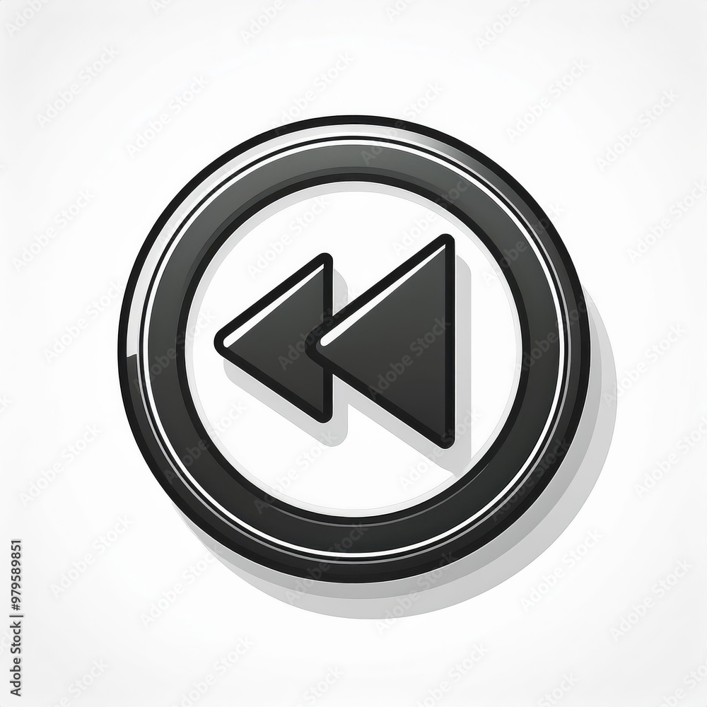 Aufkleber Minimalist Black and White Rewind Button Icon in Circular Design with Drop Shadow on Clean White Background Vector Logo Icon Png