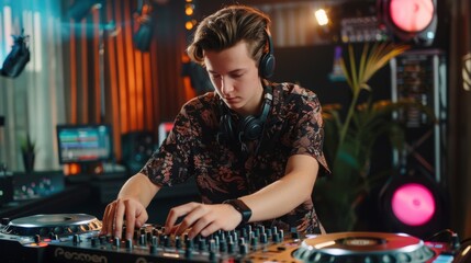 A young man DJing in a state-of-the-art broadcast studio