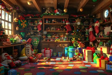Whimsical 3D render of Santa&rsquo;s workshop with colorful toys, gift wrap, and elves busy at work, created by ai