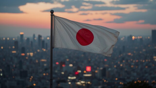 Japanese flag billowing against a scenic landscape
