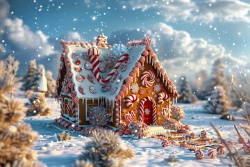 Fototapeta premium Playful 3D render of a gingerbread house decorated with candy canes, gumdrops, and icing, set on a snowy landscape, created by ai