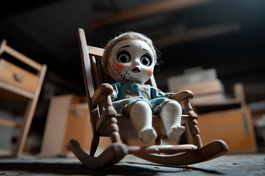 A cracked porcelain doll with wide, unblinking eyes sitting in an old rocking chair, slowly creaking back and forth