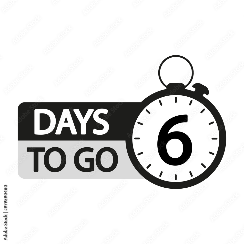 Poster countdown timer illustration. number six focus. bold 6 days to go text. digital time reminder.
