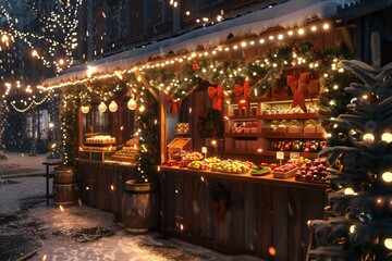 Obraz premium Enchanting 3D render of a Christmas market stall with twinkling lights and holiday treats, created by ai