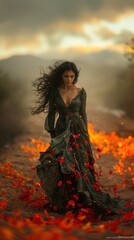 Autumn mood image of woman in long dress and fallen leaves around