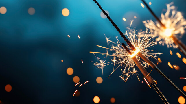 Close-up of sparklers ignited in the dark, emitting bright sparks and bokeh light effects against a blurred blue background.