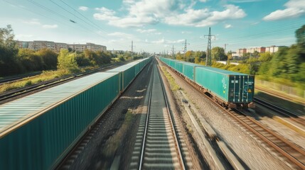 Naklejka premium Container freight train. Highspeed cargo train passes over the rails