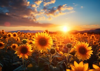 Obraz premium A field of blooming sunflowers glows warmly as the sunset casts beautiful colors across the horizon
