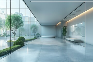A large, empty room with a glass wall and a potted plant
