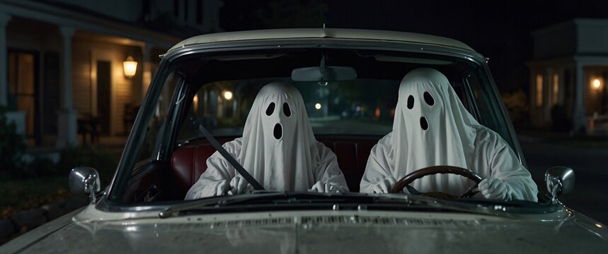 Ghostly Joyride: Two mischievous ghosts cruise through a sleepy suburban street in a vintage car, their spectral forms illuminated by the dashboard lights.