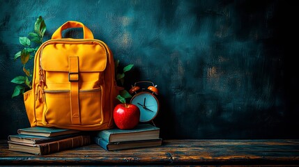 Bright school backpack with alarm clock and school supplies creates a cozy school atmosphere