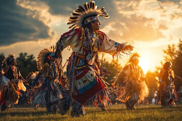 Native American heritage day. group of dancers in traditional attire at powwow at meadow at sunset.