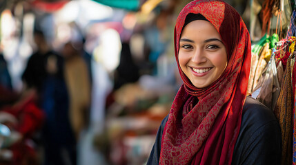 Fototapeta premium Young muslim woman smiling in a busy market wearing a red hijab