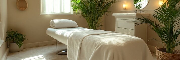 The relaxing spa salon showcases a massage table draped in white linen, surrounded by serene plants and warm, natural light