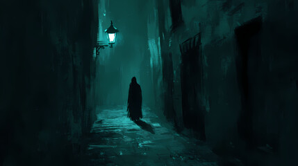A shadowy figure standing at the end of a dark alley, illuminated by a single flickering streetlamp. Shadowy. Illustration