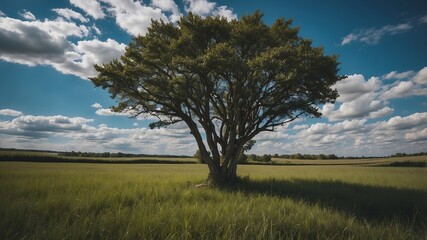 Fototapeta premium Lone tree in green field beneath blue sky