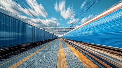 Obraz premium Container freight train. Highspeed cargo train passes over the rails