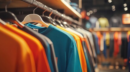 Athletic Wear Store Display with Colorful T-Shirts, Hoodies, and Shelves Full of Products