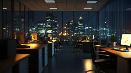 Open plan office space during overtime