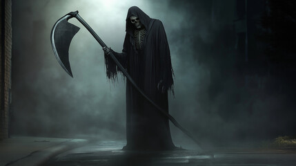 Grim reaper holding scythe in dark foggy environment