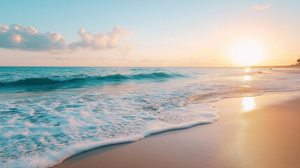 Obraz premium Turquoise ocean waves crashing on sandy beach at sunset