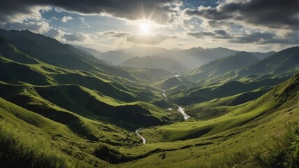 Lush green valley with rolling hills and mountains