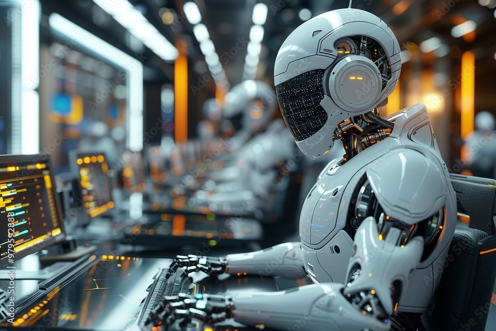 Poster a robot is sitting at a desk with a keyboard and a computer monitor