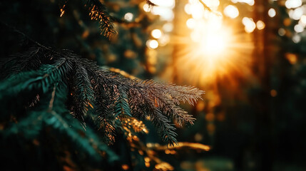 Close-up of evergreen pine tree branches with sunlight shining through the forest in the background, creating a warm and serene atmosphere.