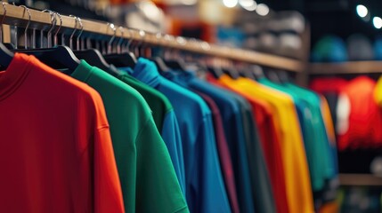 Athletic Wear Store Display with Colorful T-Shirts, Hoodies, and Shelves Full of Products