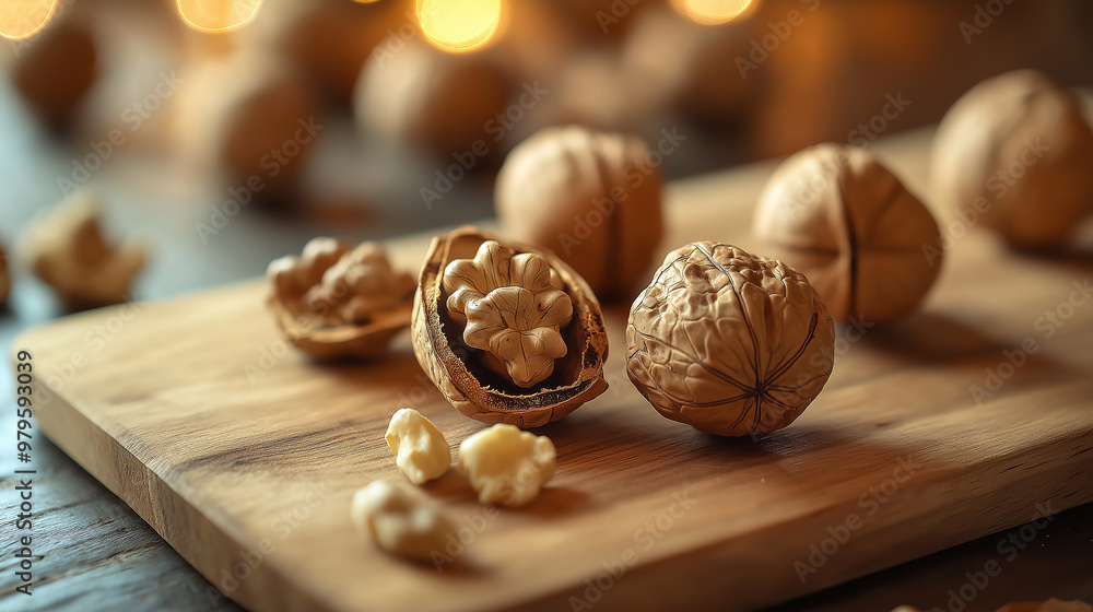 Wall mural walnuts in shell and peeled walnut kernels on cutting board