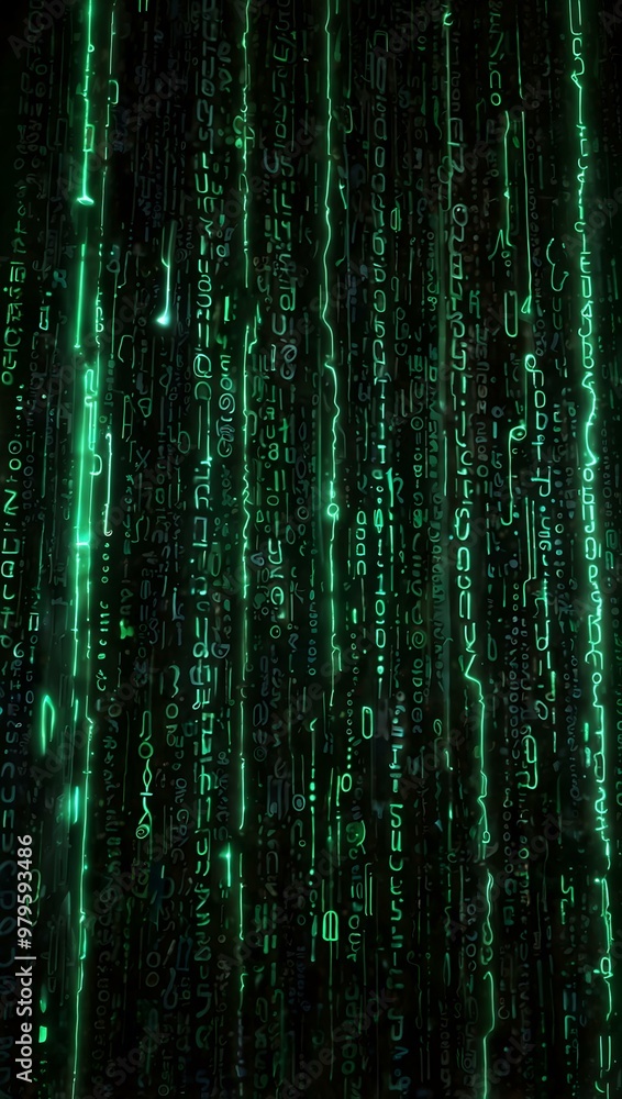 Poster cyber monday in vibrant green neon with festive sparks and binary code rain