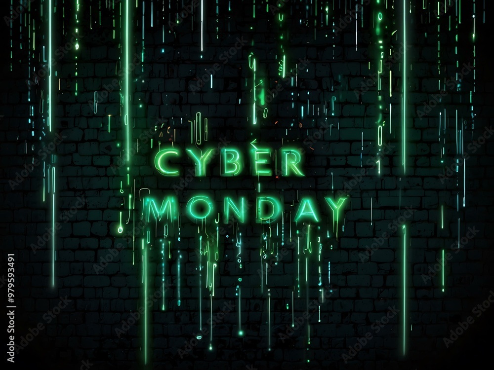 Aufkleber cyber monday text in vibrant green neon on a dark background with festive sparks and binary rain.