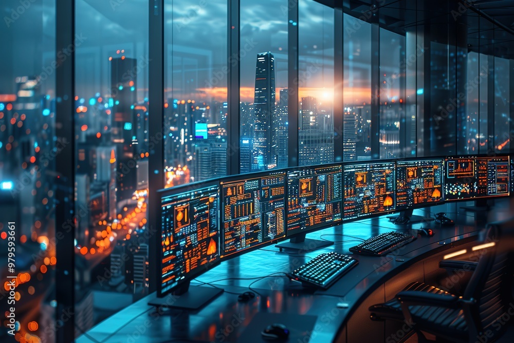 Poster a computer monitor displays a cityscape with a sunset in the background