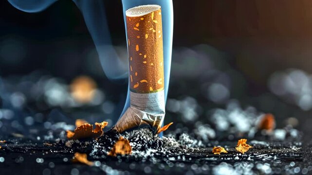 Cigarette burning upright against a dark background