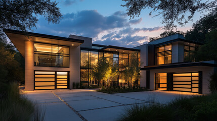 Fototapeta premium Modern luxury home exterior glowing at twilight with dramatic sky