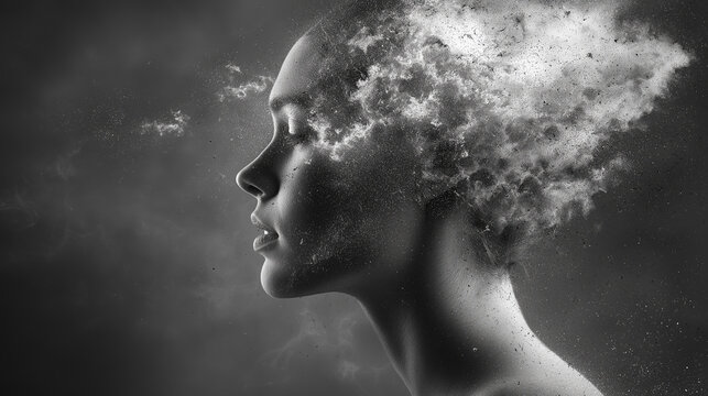 Woman with closed eyes and particles exploding from her head